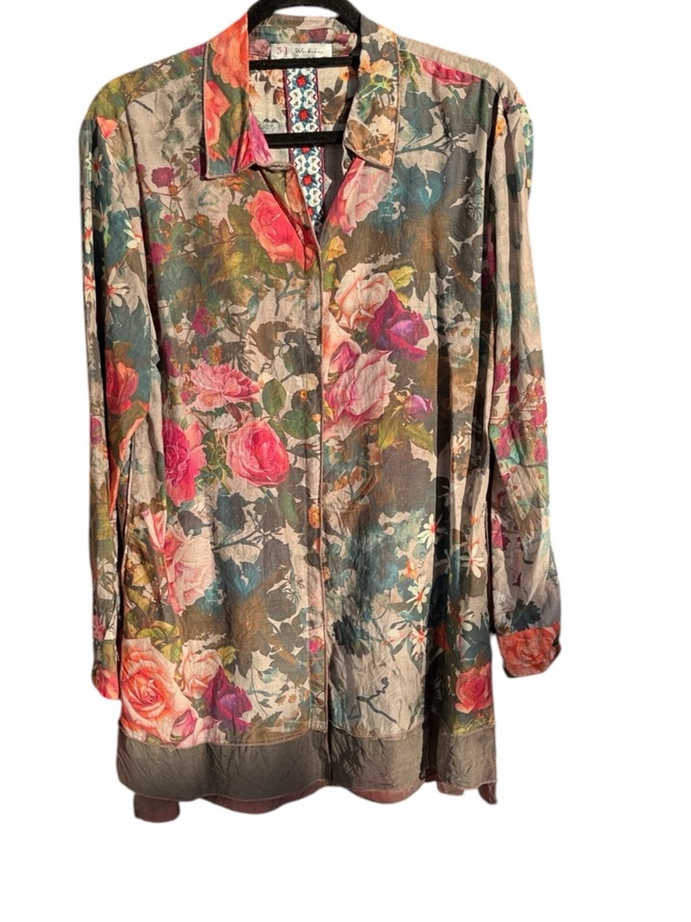 Johnny Was Floral Button-Up Blouse in Pink, Green, Gray
